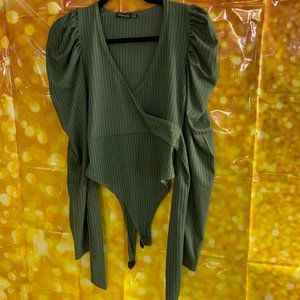 Olive Green Rib Puff Sleeved Wrap Body Top